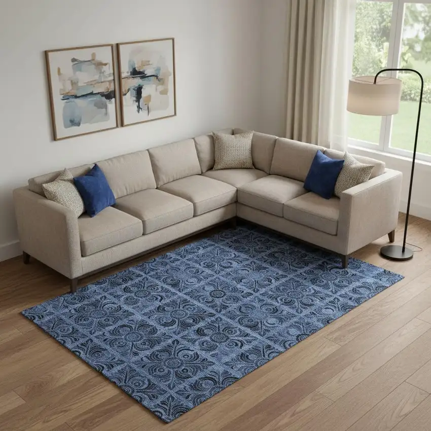 Denim Blue And Charcoal Medallion Washable Area Rug With UV Protection Photo 1