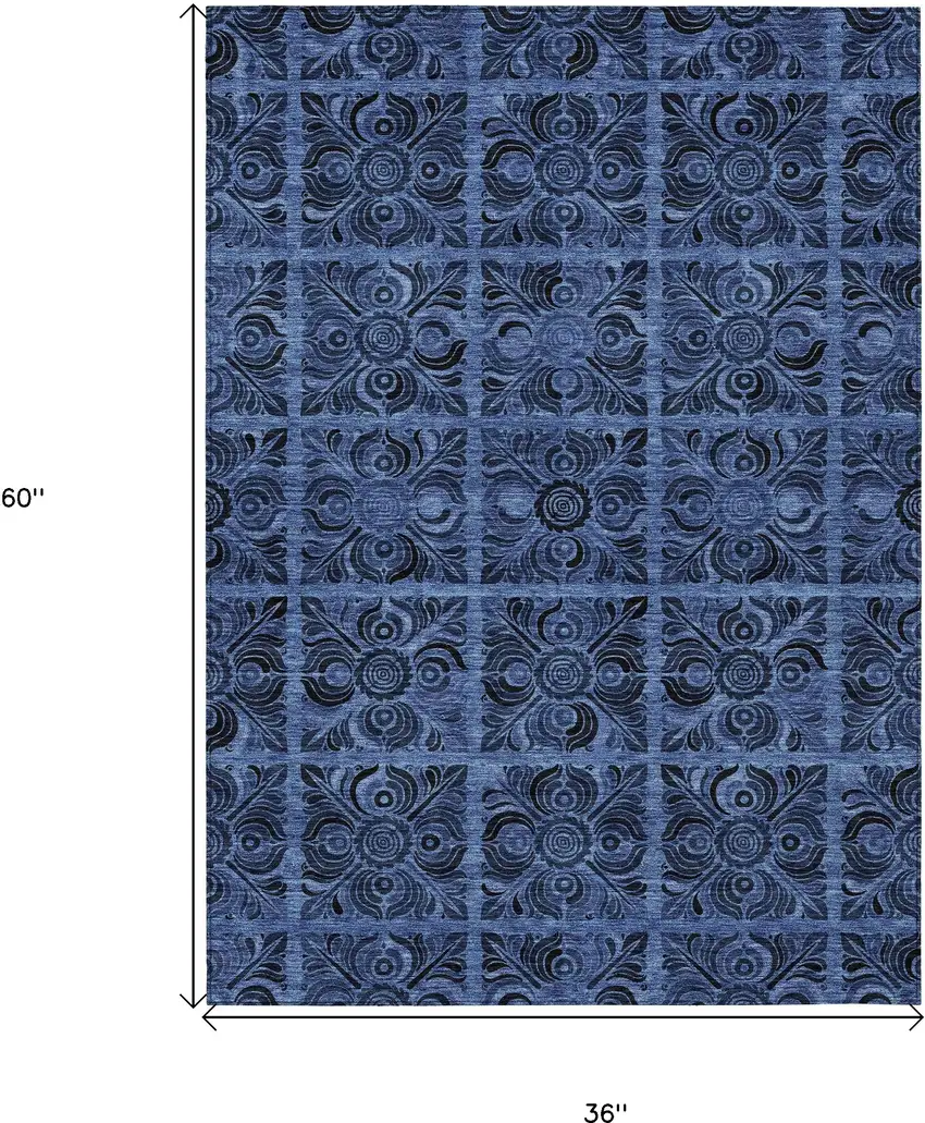 Denim Blue And Charcoal Medallion Washable Indoor Outdoor Area Rug Photo 3