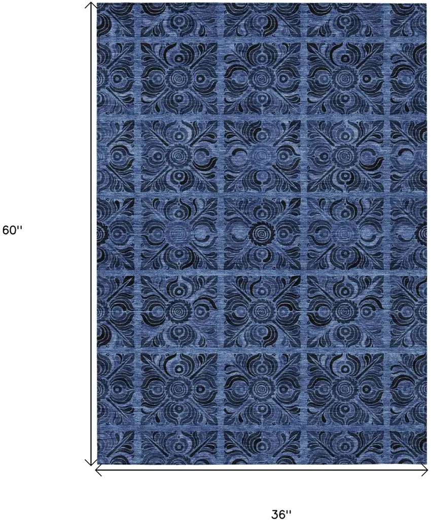 Denim Blue And Charcoal Medallion Washable Indoor Outdoor Area Rug Photo 3