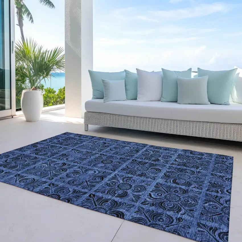 Denim Blue And Charcoal Medallion Washable Indoor Outdoor Area Rug Photo 8
