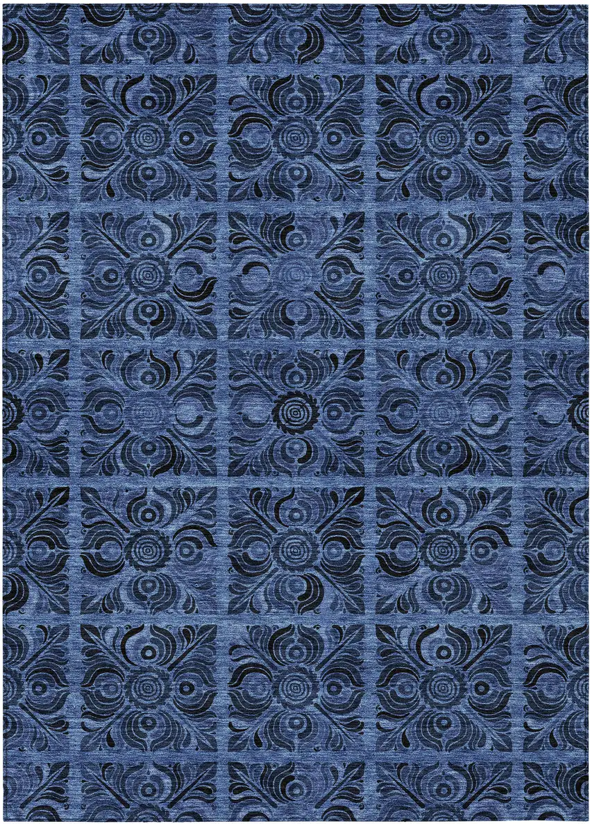 Denim Blue And Charcoal Medallion Washable Indoor Outdoor Area Rug Photo 2