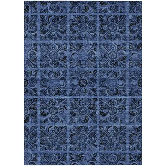 Denim Blue And Charcoal Medallion Washable Indoor Outdoor Area Rug Photo 2