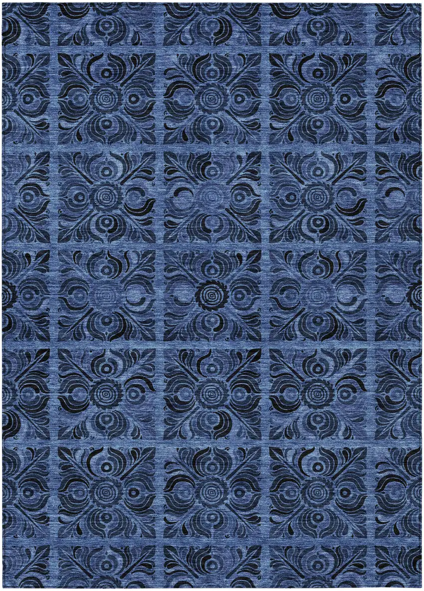 Denim Blue And Charcoal Medallion Washable Indoor Outdoor Area Rug Photo 2