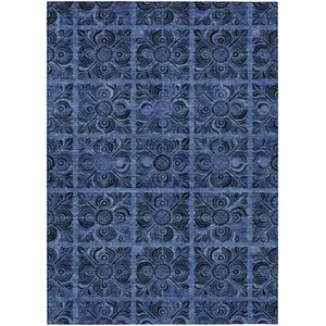 Photo of Denim Blue And Charcoal Medallion Washable Indoor Outdoor Area Rug