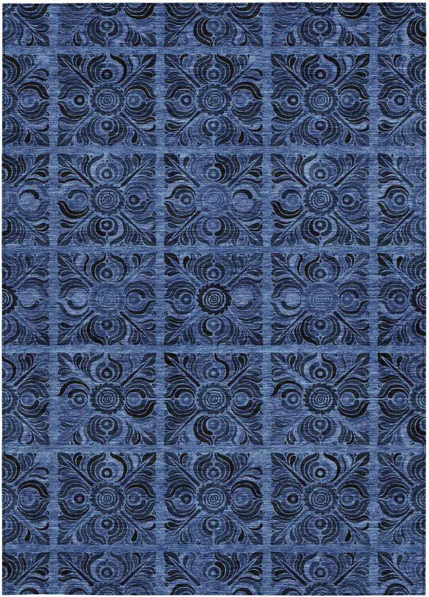 Denim Blue And Charcoal Medallion Washable Indoor Outdoor Area Rug Photo 7