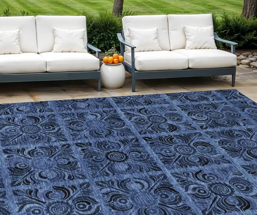 Denim Blue And Charcoal Medallion Washable Indoor Outdoor Area Rug Photo 1