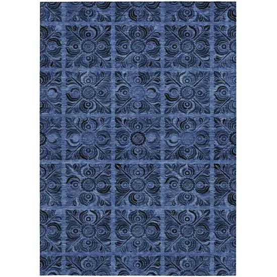 Denim Blue And Charcoal Medallion Washable Indoor Outdoor Area Rug Photo 7