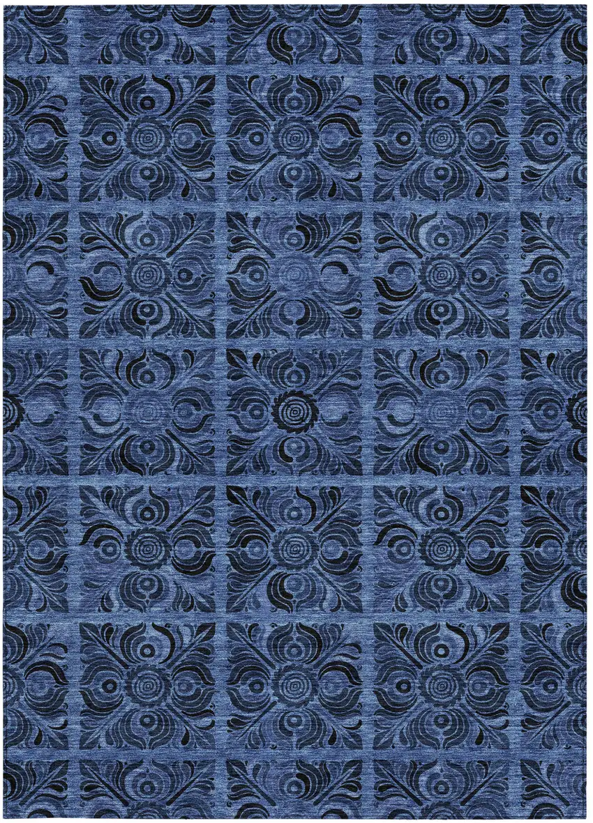 Denim Blue And Charcoal Medallion Washable Indoor Outdoor Area Rug Photo 7