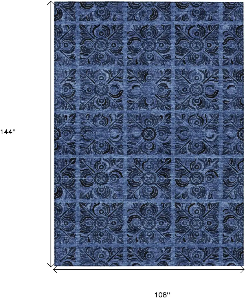 Denim Blue And Charcoal Medallion Washable Indoor Outdoor Area Rug Photo 3