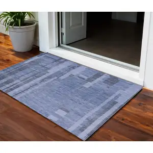 Photo of Denim Blue And Charcoal Striped Washable Indoor Outdoor Area Rug