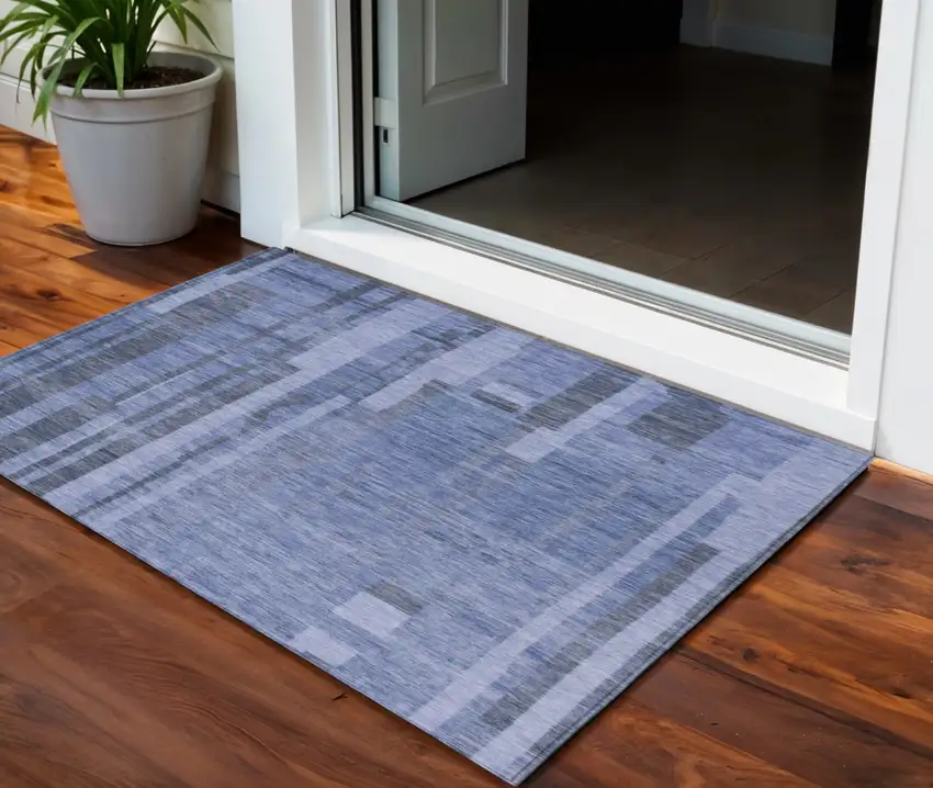 Denim Blue And Charcoal Striped Washable Indoor Outdoor Area Rug Photo 1