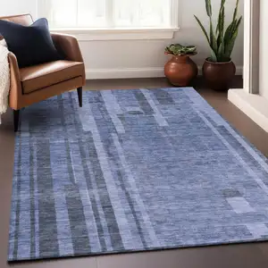 Photo of Denim Blue And Charcoal Striped Washable Indoor Outdoor Area Rug