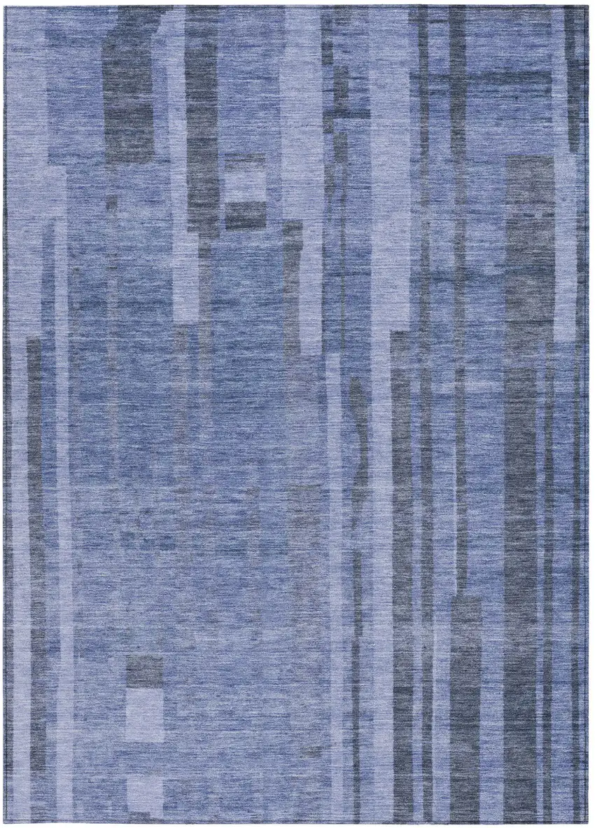 Denim Blue And Charcoal Striped Washable Indoor Outdoor Area Rug Photo 6