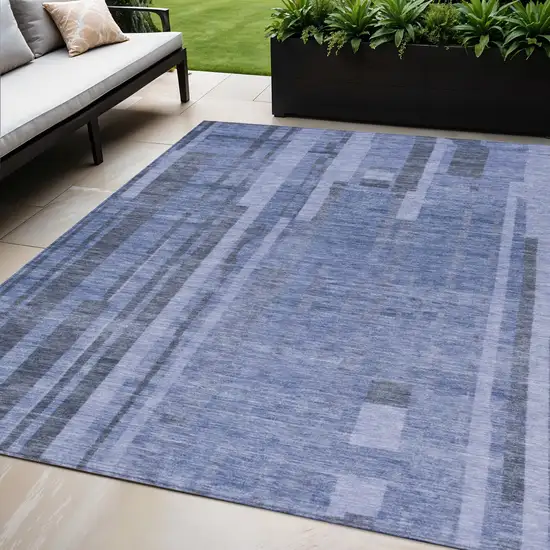 Denim Blue And Charcoal Striped Washable Indoor Outdoor Area Rug Photo 1