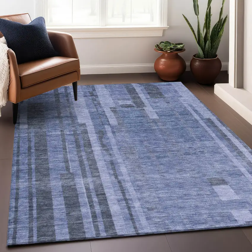 Denim Blue And Charcoal Striped Washable Indoor Outdoor Area Rug Photo 8