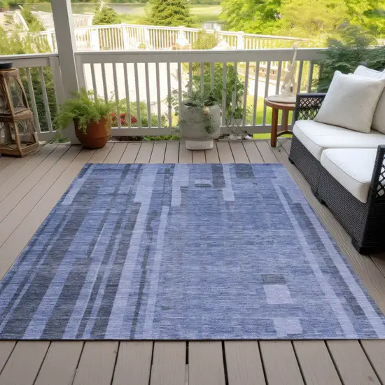 Denim Blue And Charcoal Striped Washable Indoor Outdoor Area Rug Photo 7