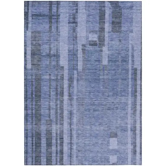 Denim Blue And Charcoal Striped Washable Indoor Outdoor Area Rug Photo 2