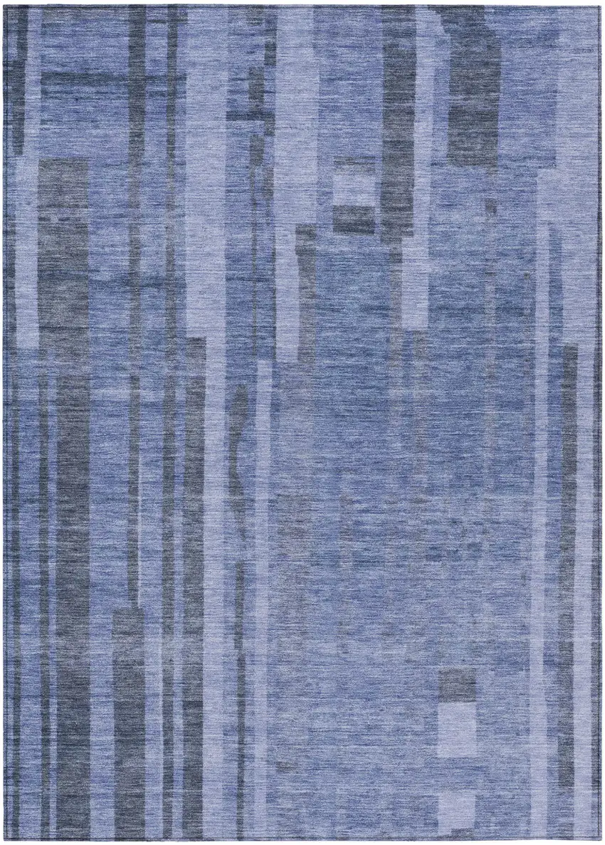 Denim Blue And Charcoal Striped Washable Indoor Outdoor Area Rug Photo 2