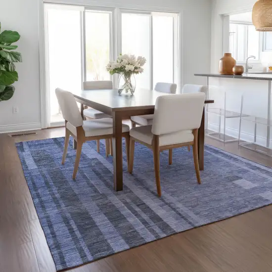 Denim Blue And Charcoal Striped Washable Indoor Outdoor Area Rug Photo 9