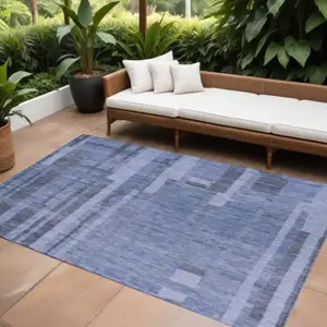 Photo of Denim Blue And Charcoal Striped Washable Indoor Outdoor Area Rug