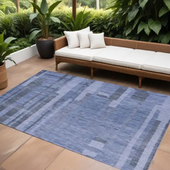 Denim Blue And Charcoal Striped Washable Indoor Outdoor Area Rug Photo 1