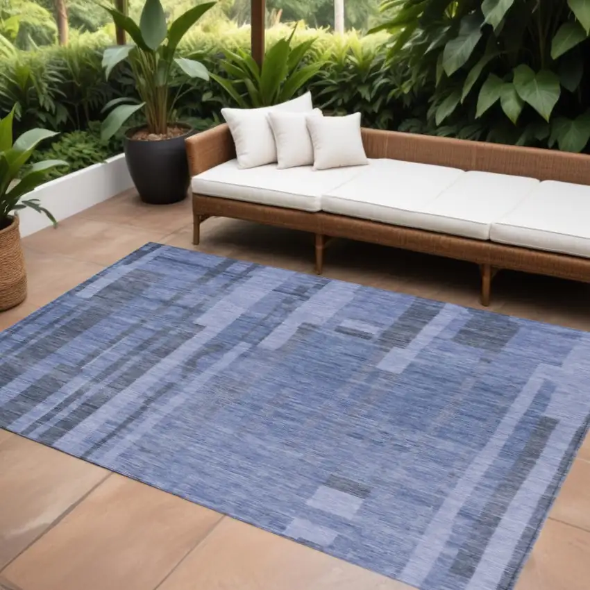 Denim Blue And Charcoal Striped Washable Indoor Outdoor Area Rug Photo 1