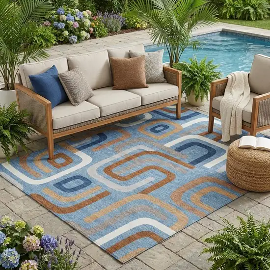 Denim Blue And Copper Geometric Washable Indoor Outdoor Area Rug Photo 1