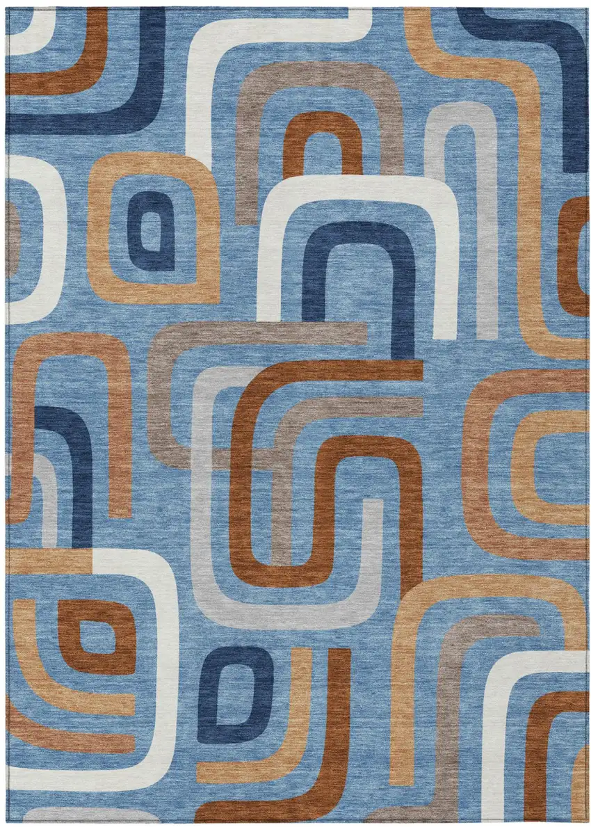 Denim Blue And Copper Geometric Washable Indoor Outdoor Area Rug Photo 2