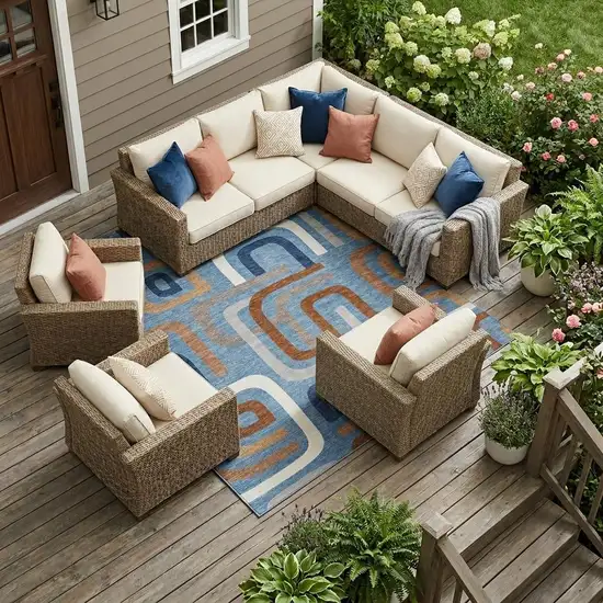 Denim Blue And Copper Geometric Washable Indoor Outdoor Area Rug Photo 1
