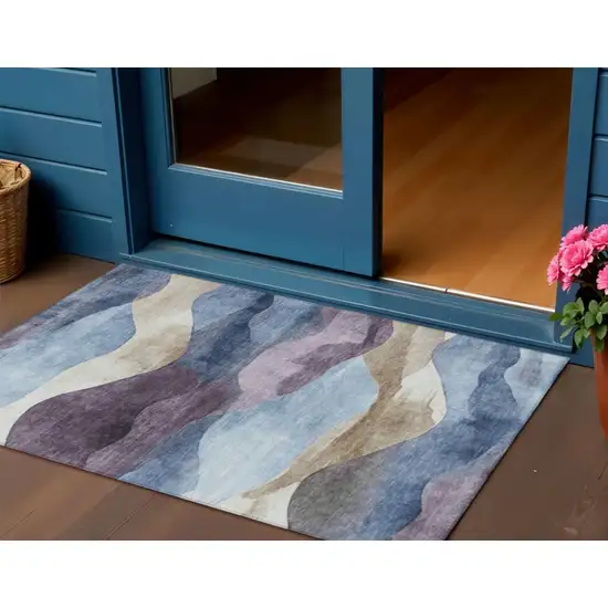 Denim Blue And Eggplant Abstract Washable Indoor Outdoor Area Rug Photo 2