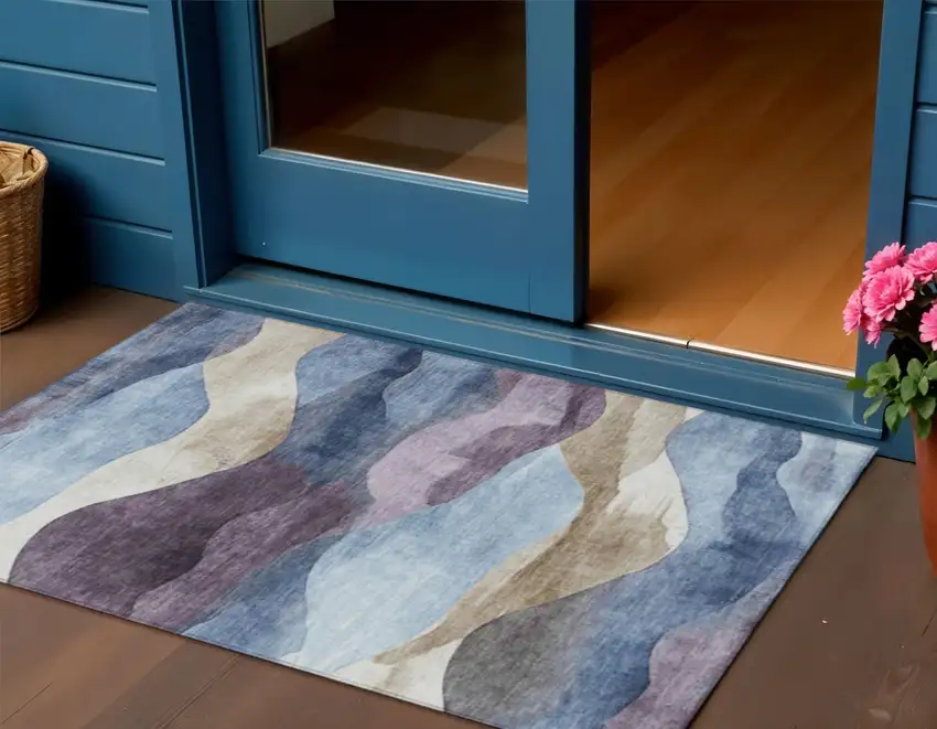 Denim Blue And Eggplant Abstract Washable Indoor Outdoor Area Rug Photo 2