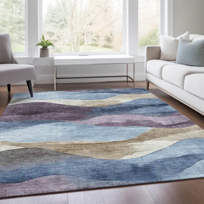 Denim Blue And Eggplant Abstract Washable Indoor Outdoor Area Rug Photo 8