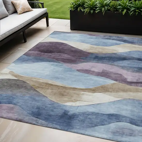 Denim Blue And Eggplant Abstract Washable Indoor Outdoor Area Rug Photo 2