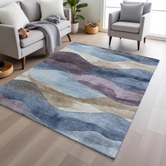 Denim Blue And Eggplant Abstract Washable Indoor Outdoor Area Rug Photo 7