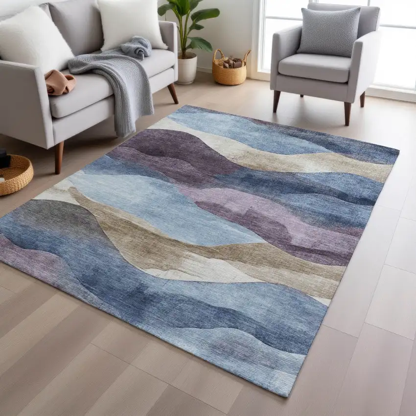 Denim Blue And Eggplant Abstract Washable Indoor Outdoor Area Rug Photo 7