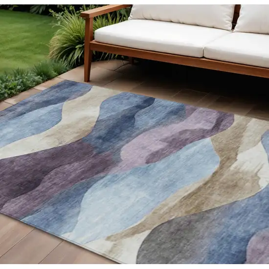 Denim Blue And Eggplant Abstract Washable Indoor Outdoor Area Rug Photo 2