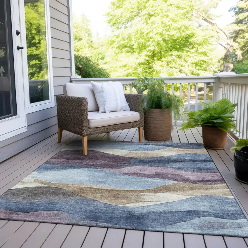 Denim Blue And Eggplant Abstract Washable Indoor Outdoor Area Rug Photo 8