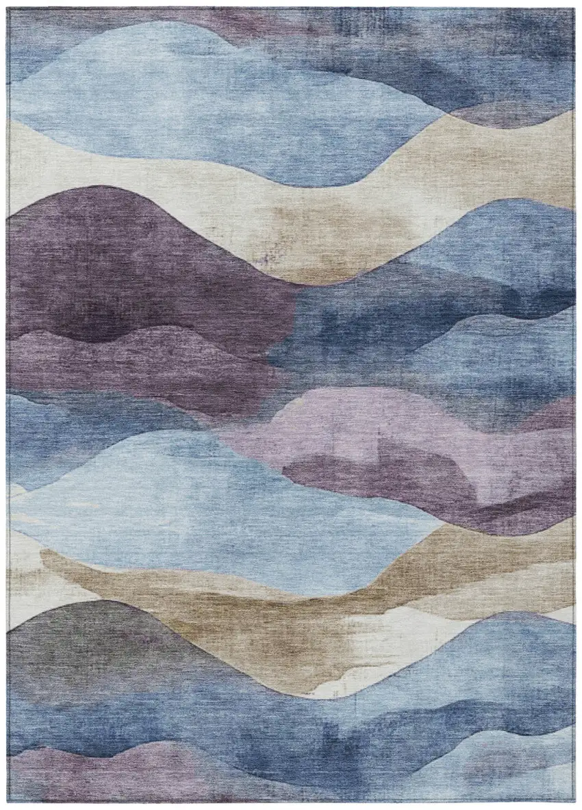 Denim Blue And Eggplant Abstract Washable Indoor Outdoor Area Rug Photo 9