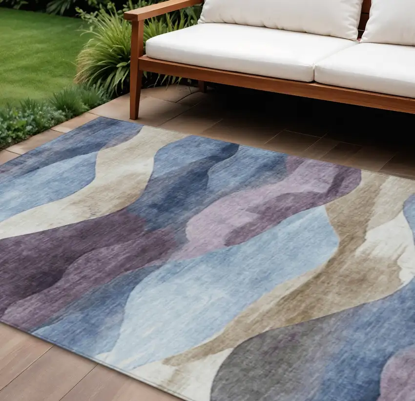 Denim Blue And Eggplant Abstract Washable Indoor Outdoor Area Rug Photo 2