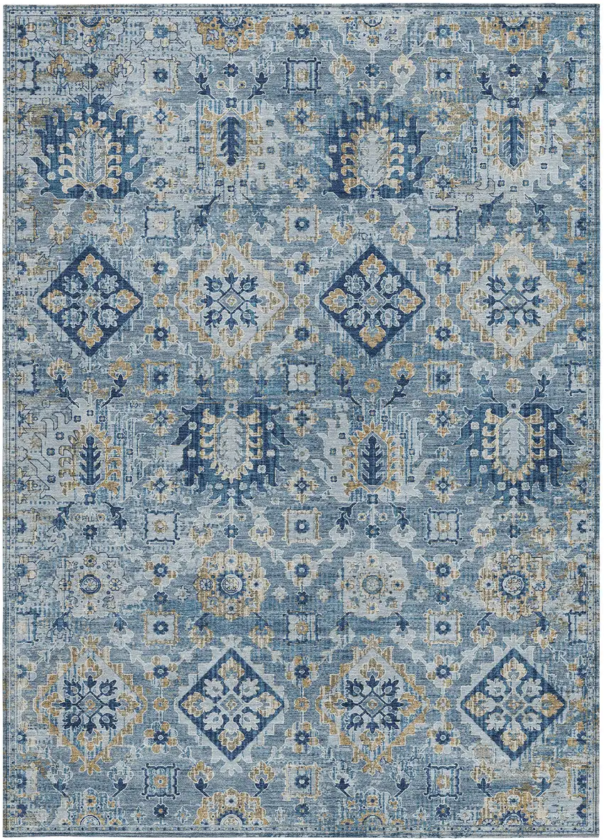 Denim Blue And Gold Floral Medallion Washable Indoor Outdoor Area Rug Photo 3