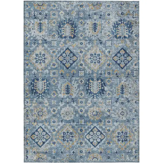 Denim Blue And Gold Floral Medallion Washable Indoor Outdoor Area Rug Photo 1