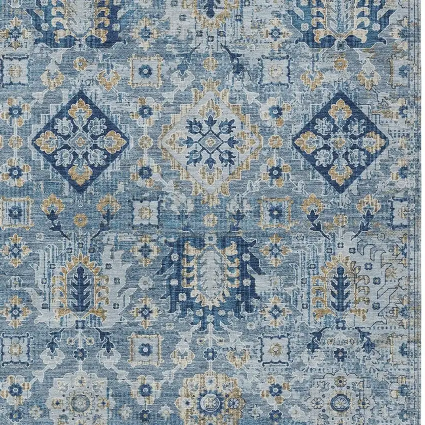 Denim Blue And Gold Floral Medallion Washable Indoor Outdoor Area Rug Photo 3