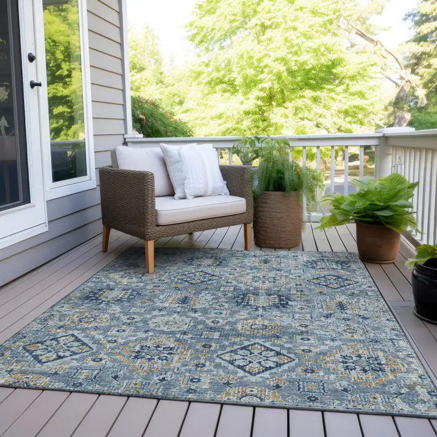 Denim Blue And Gold Floral Medallion Washable Indoor Outdoor Area Rug Photo 8