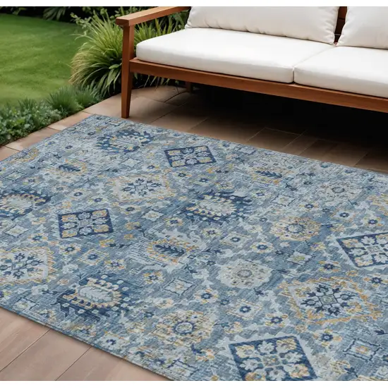 Denim Blue And Gold Floral Medallion Washable Indoor Outdoor Area Rug Photo 2