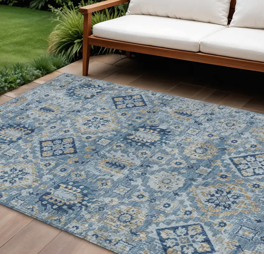Denim Blue And Gold Floral Medallion Washable Indoor Outdoor Area Rug Photo 2