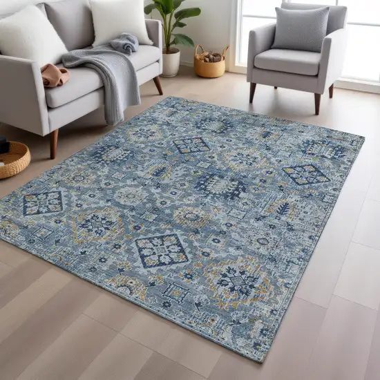 Denim Blue And Gold Floral Medallion Washable Indoor Outdoor Area Rug Photo 6