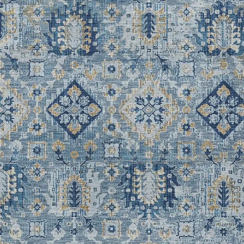 Denim Blue And Gold Floral Medallion Washable Indoor Outdoor Area Rug Photo 3
