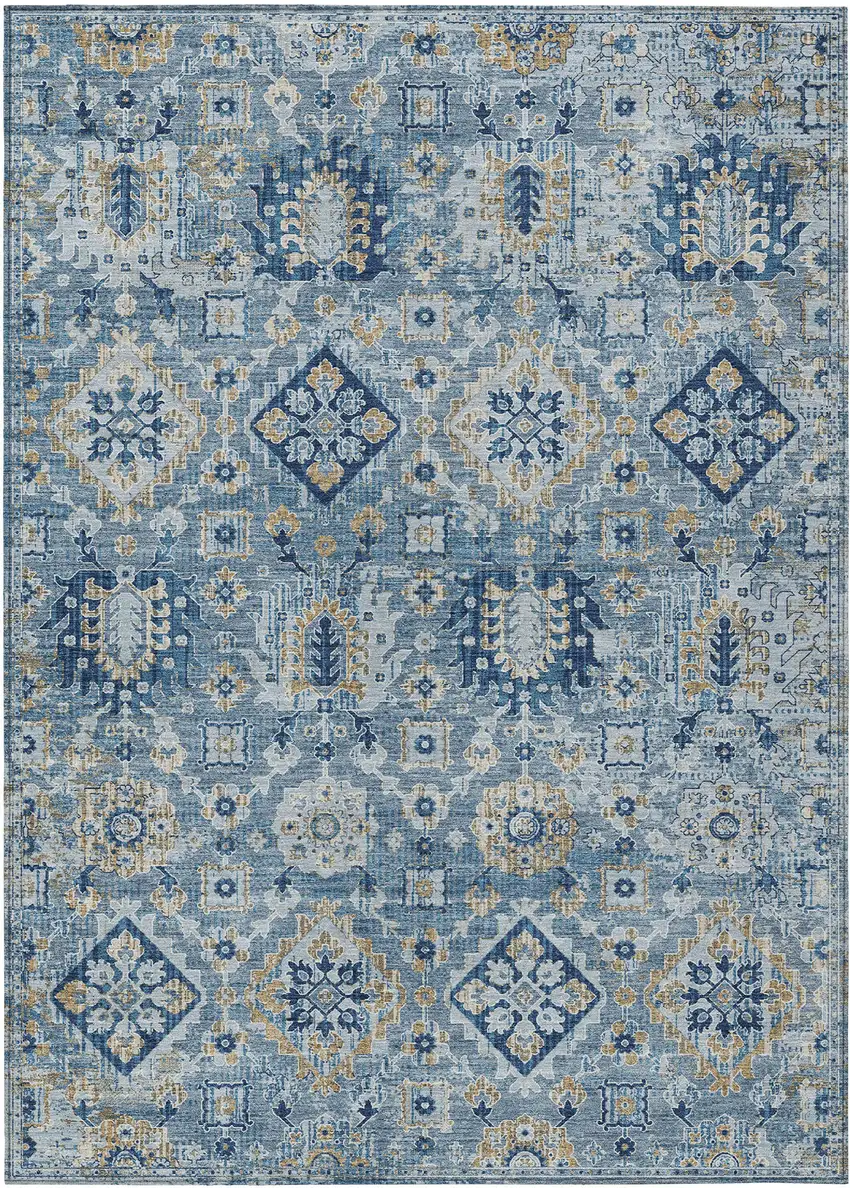 Denim Blue And Gold Floral Medallion Washable Indoor Outdoor Area Rug Photo 1
