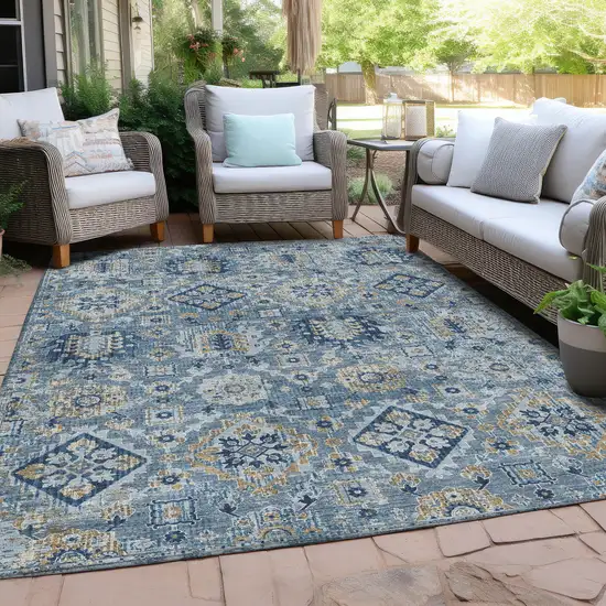 Denim Blue And Gold Floral Medallion Washable Indoor Outdoor Area Rug Photo 5