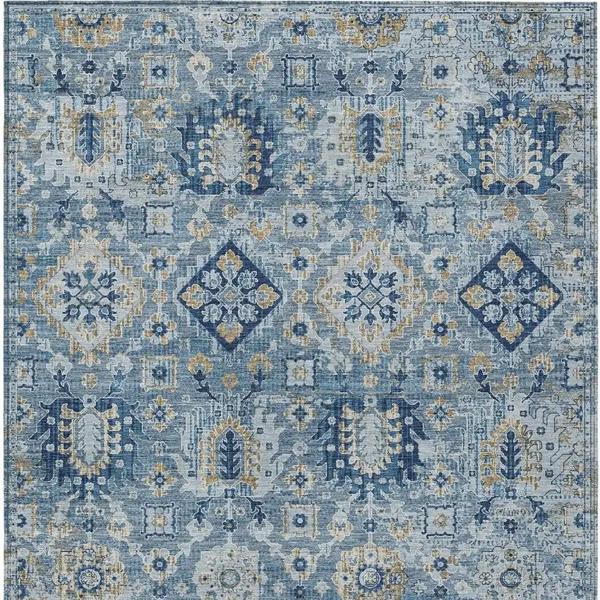 Denim Blue And Gold Floral Medallion Washable Indoor Outdoor Area Rug Photo 3